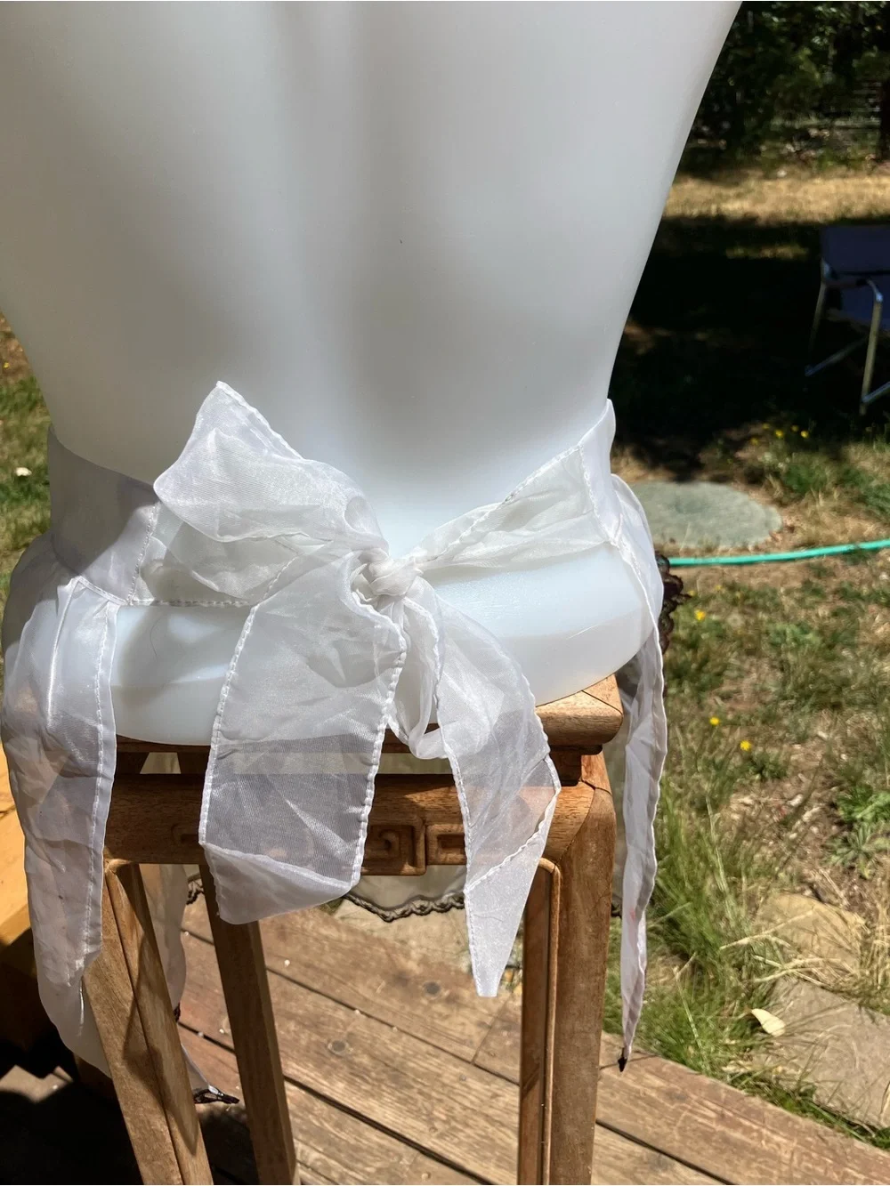 Vintage sheer apron with black and red lace pocket